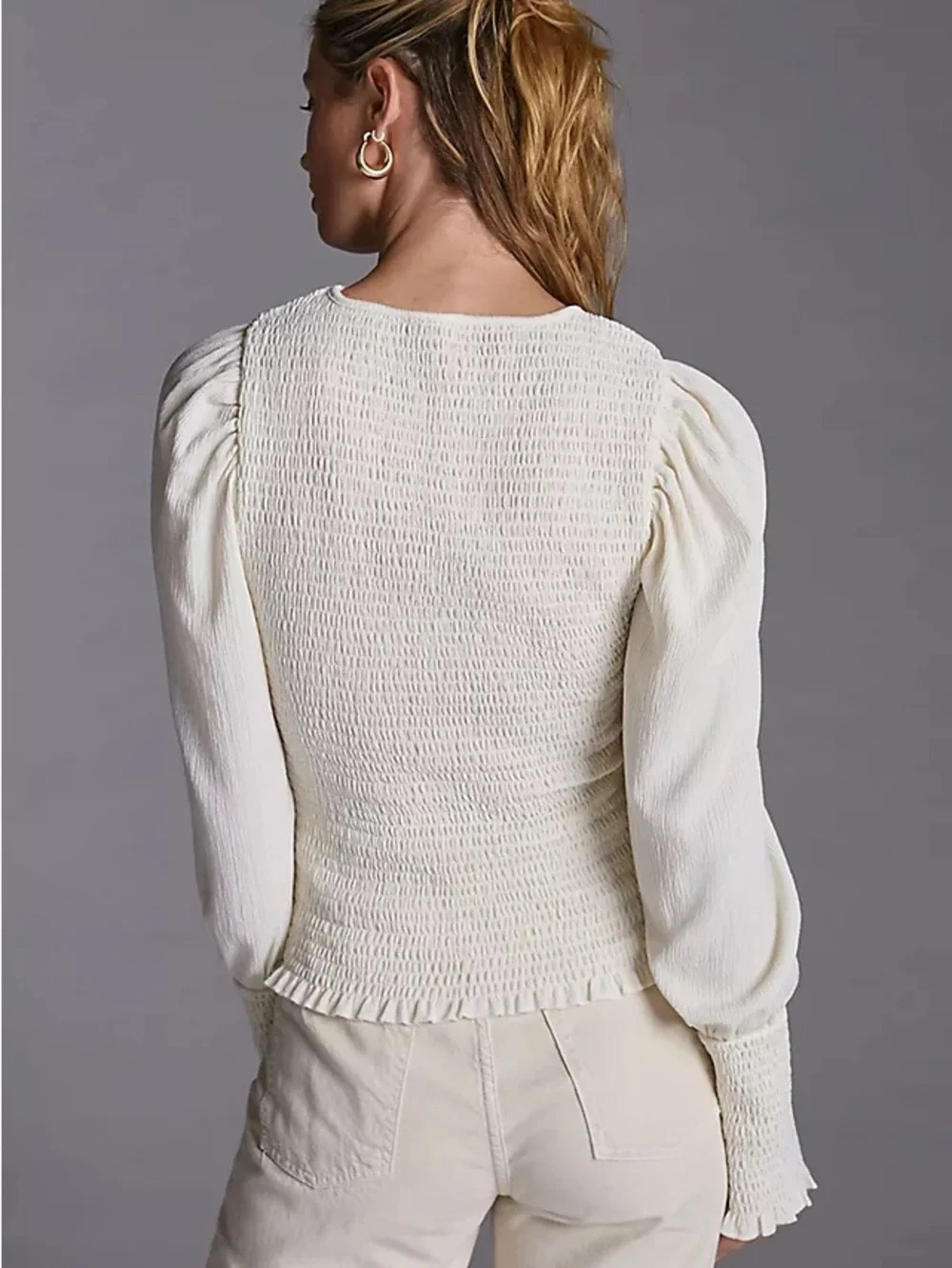 Anthropologie Smocked Puff Sleeve Top Ivory Romantic Cottagecore Coquette Large